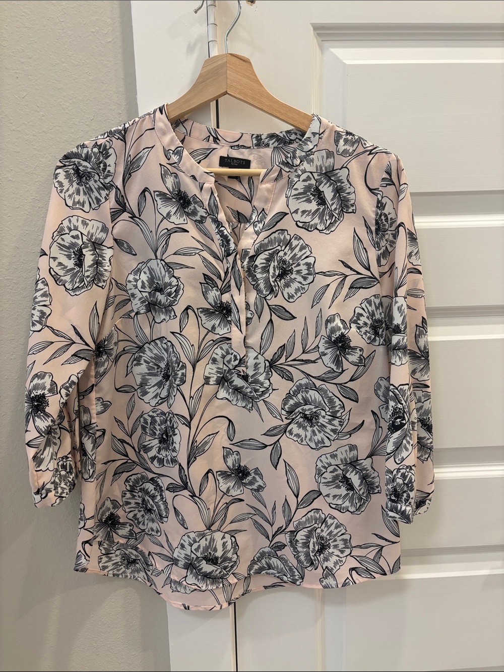 Talbots Blush Pink Floral Henley Blouse, size small petite